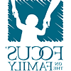 Focus on the Family logo depicting silhouette of child with arms raised holding parents' hands.